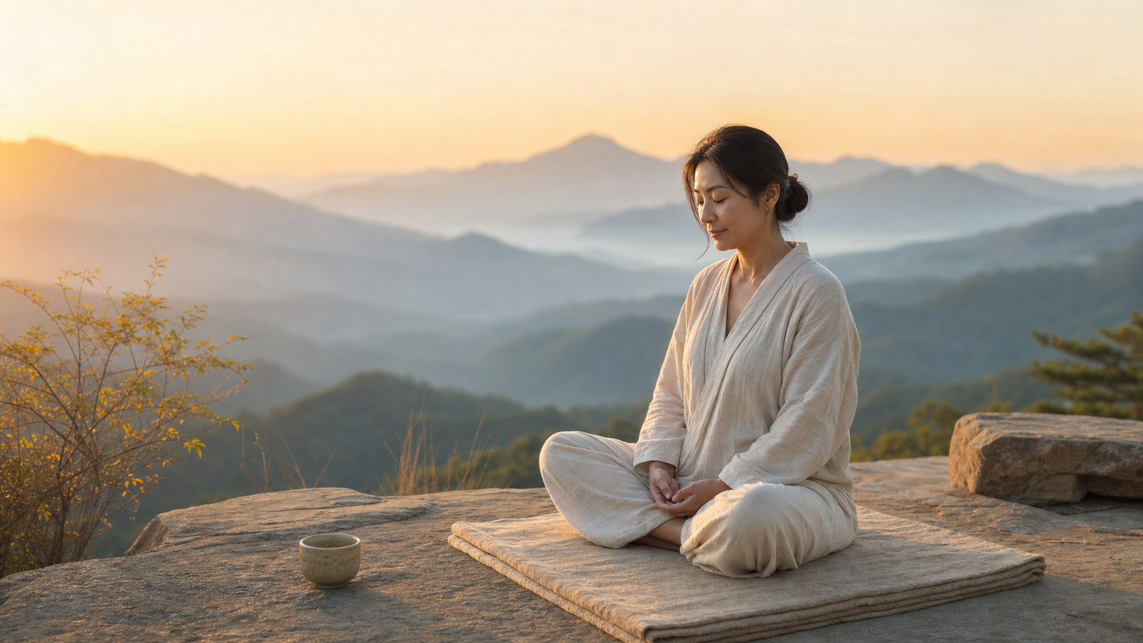 Woman practicing inner observation meditation at sunrise