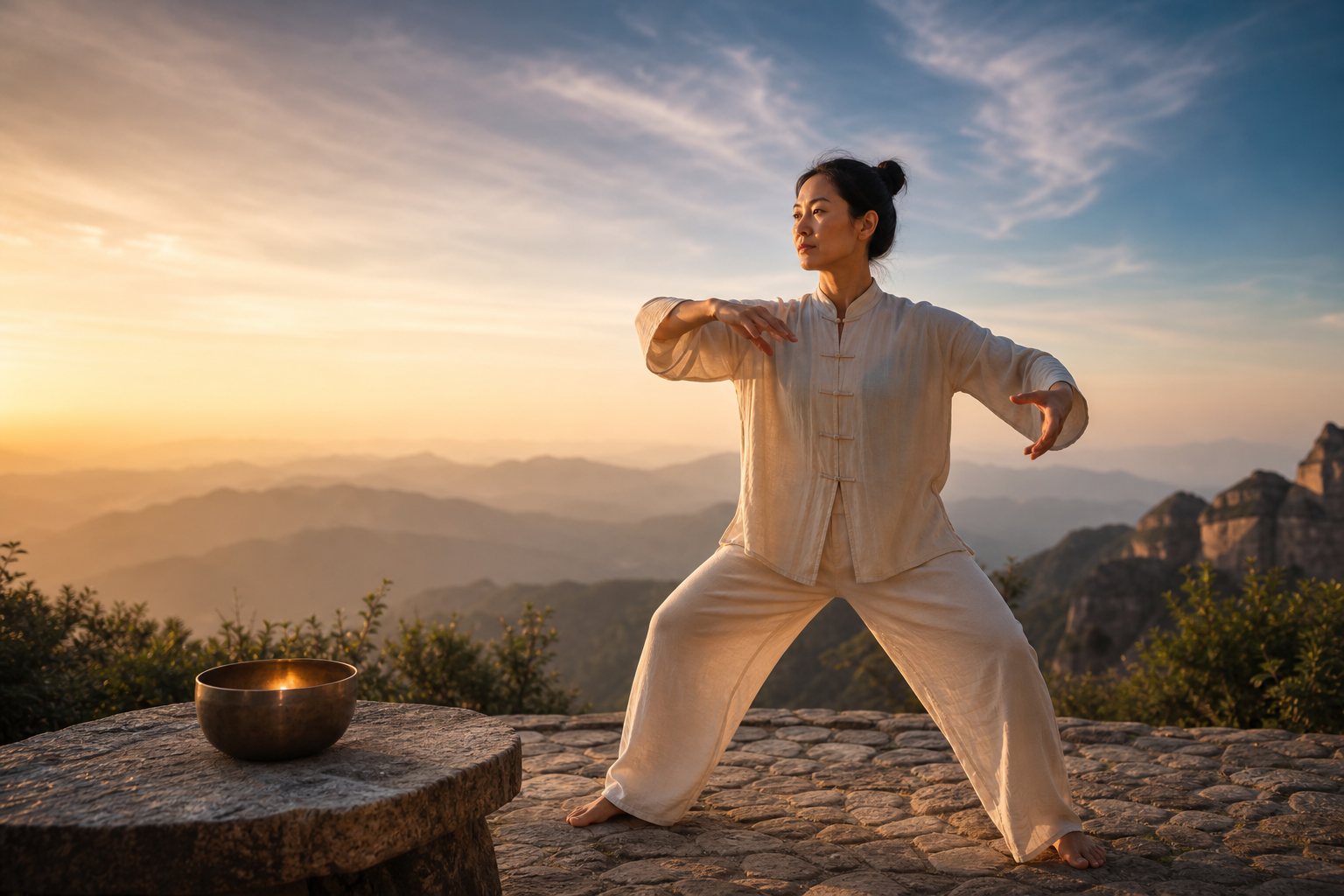 Woman practicing Baduanjin Qigong at sunrise